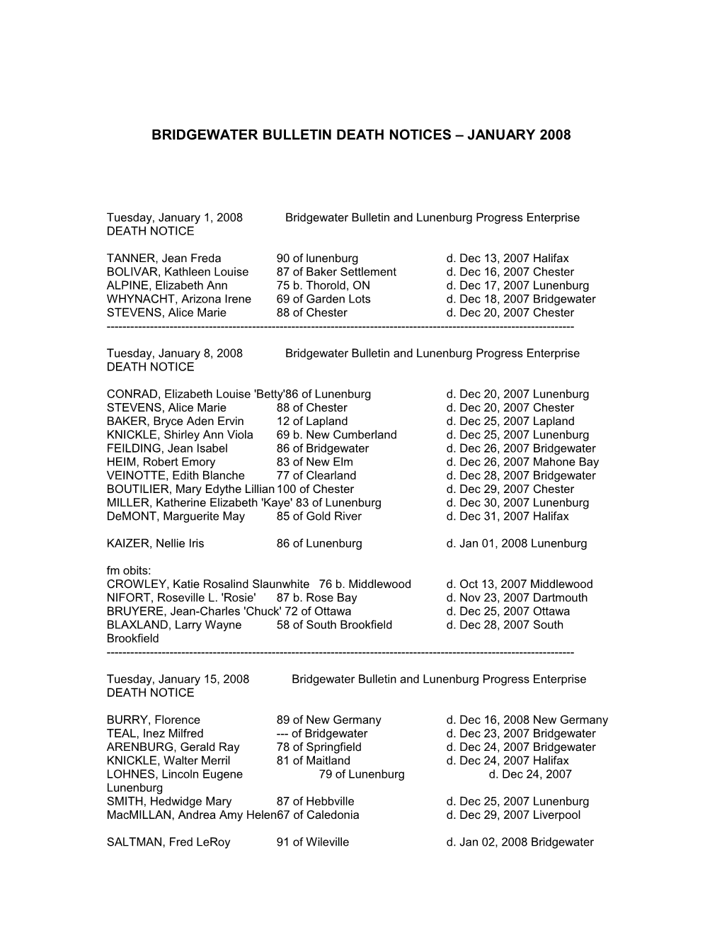 Bridgewater Bulletin Death Notices January 2008