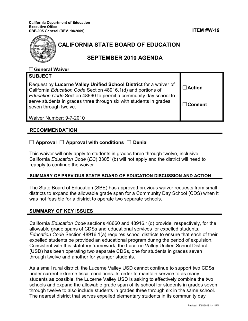 September 2010 Waiver Item W19 - Meeting Agendas (CA State Board of Education)