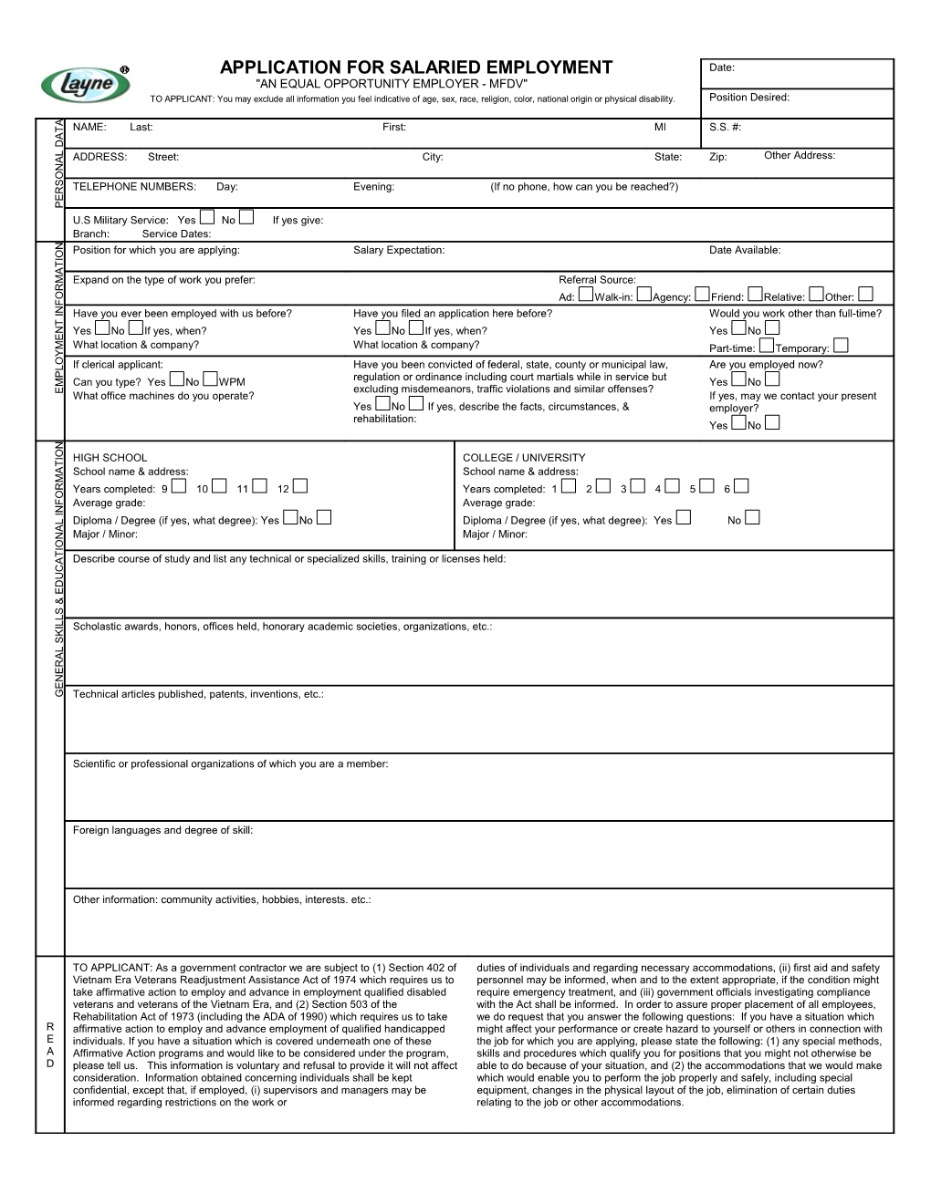 Application for Salaried Employment