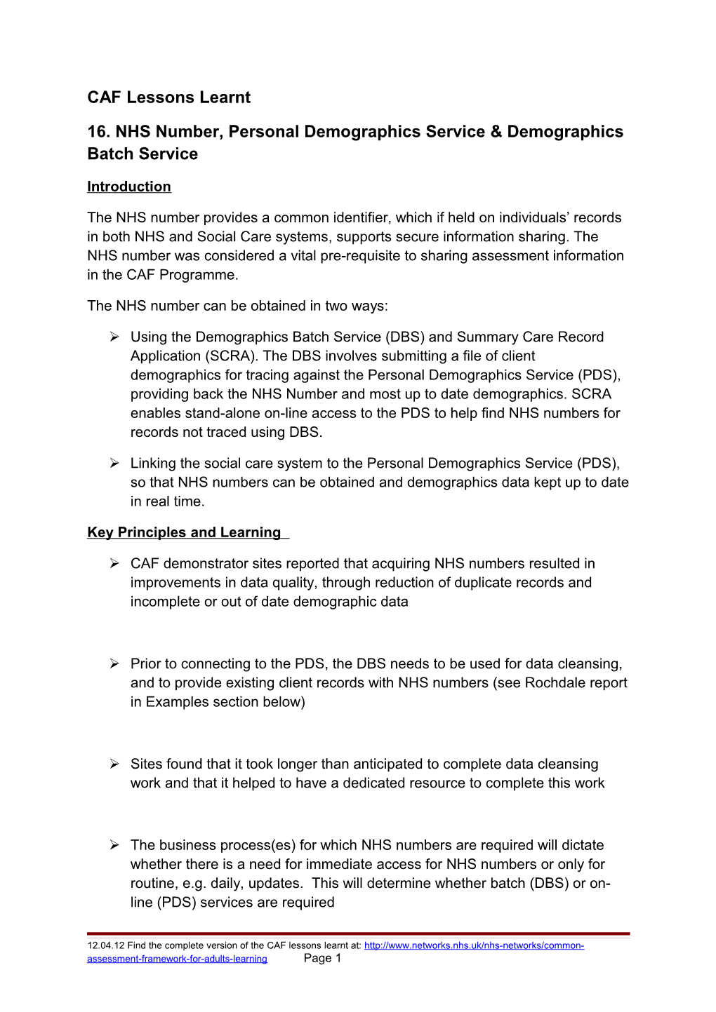 16. NHS Number, Personal Demographics Service & Demographics Batch Service