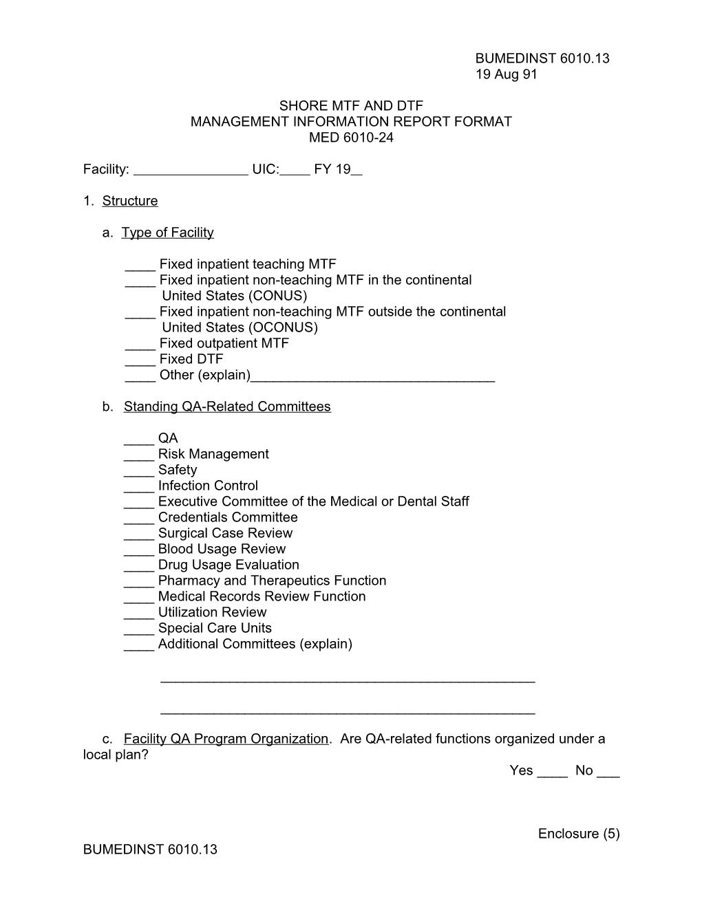 Shore Mtf and Dtf Management Information Report Format, Med 6010-24