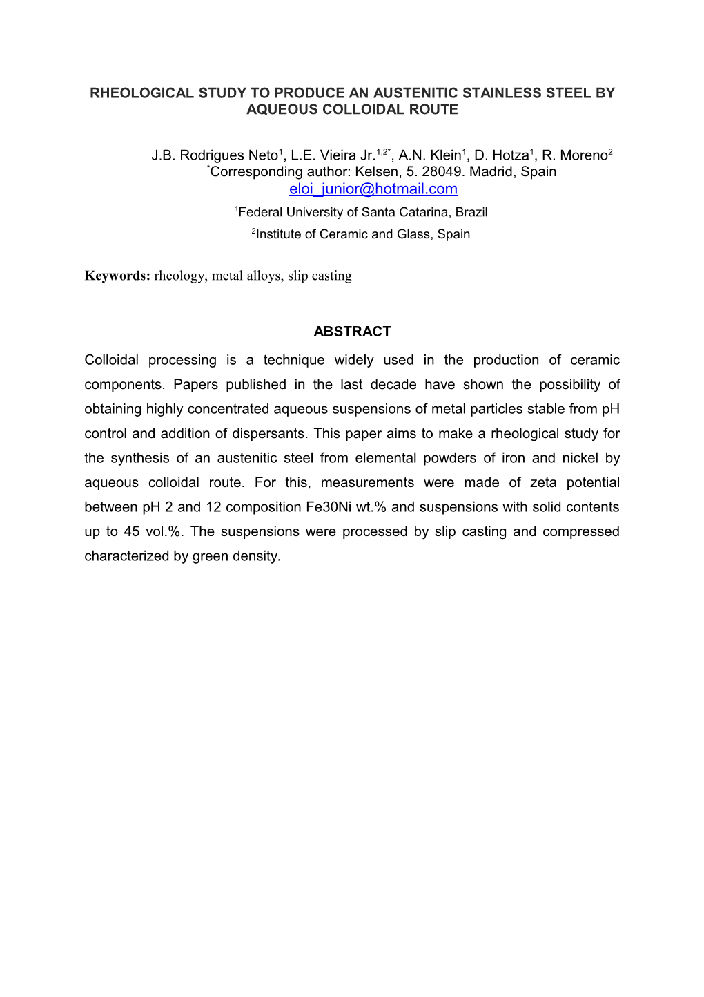 Rheological Study to Produce an Austenitic Stainless Steel by Aqueous Colloidal Route