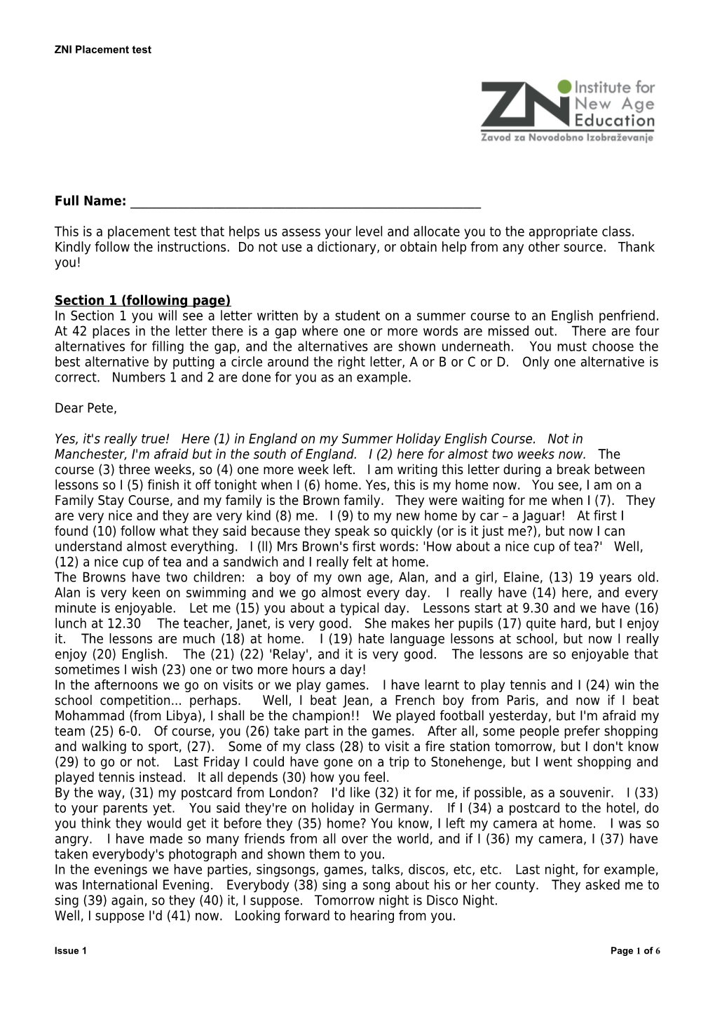 ZNI Placement Test