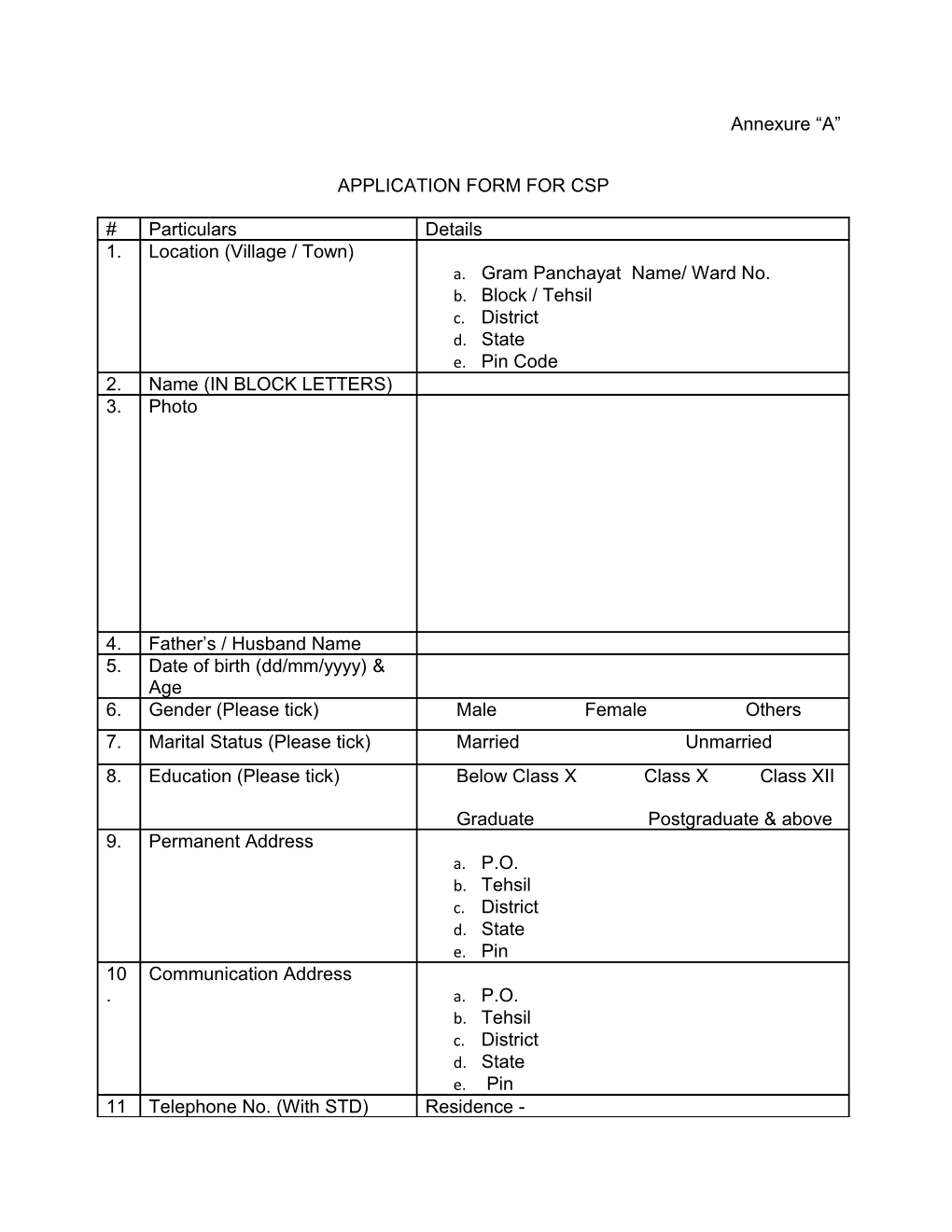 Application Form for Csp