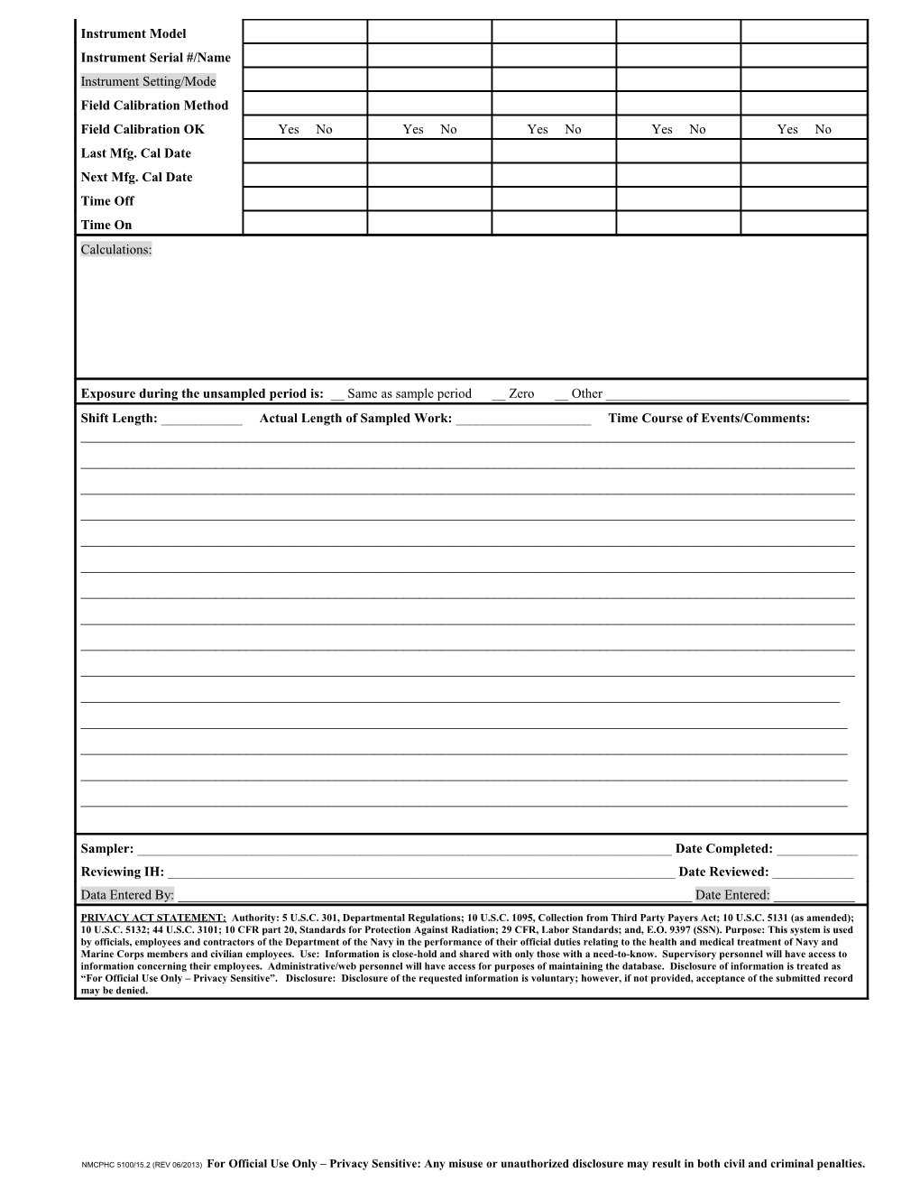 Industrial Hygiene Direct Reading Sample Survey Form