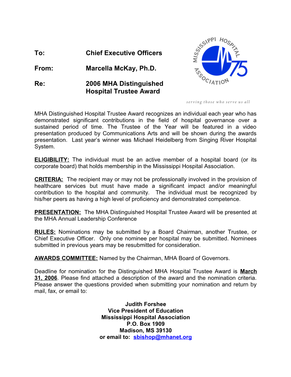 Re:2006 MHA Distinguished Hospital Trustee Award