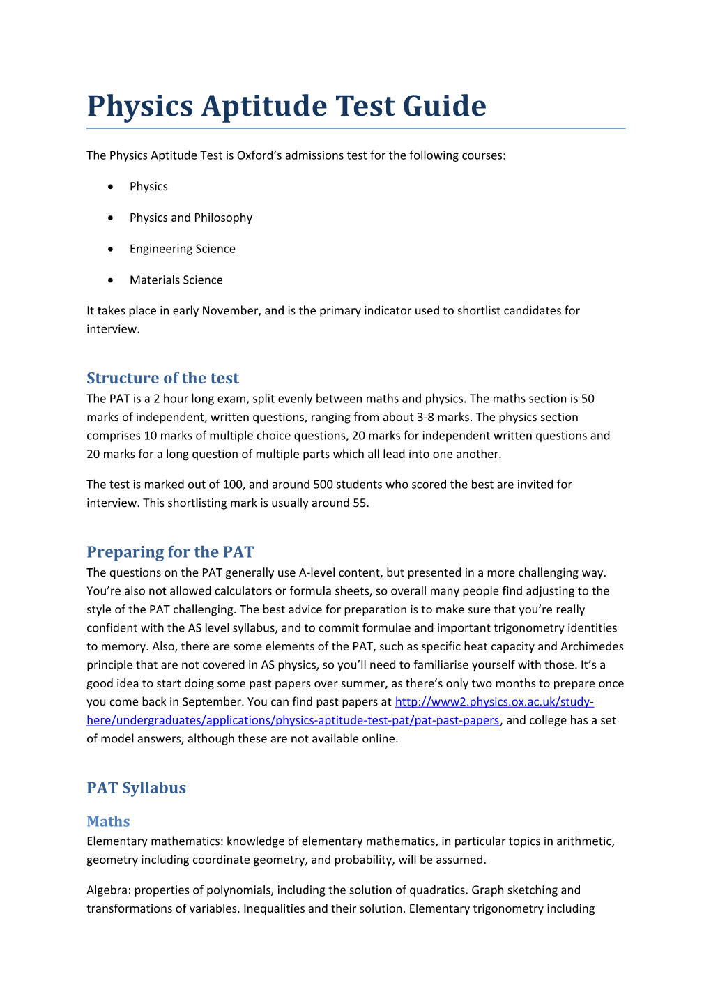 Physics Aptitude Test Guide