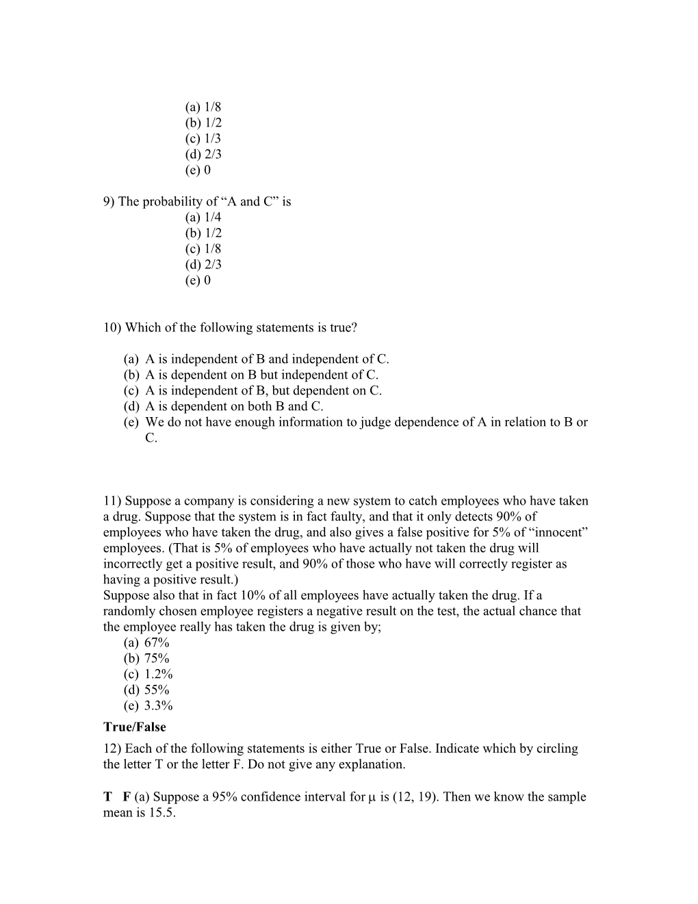 Practice Exam Questions, Exam 2, STAT2331