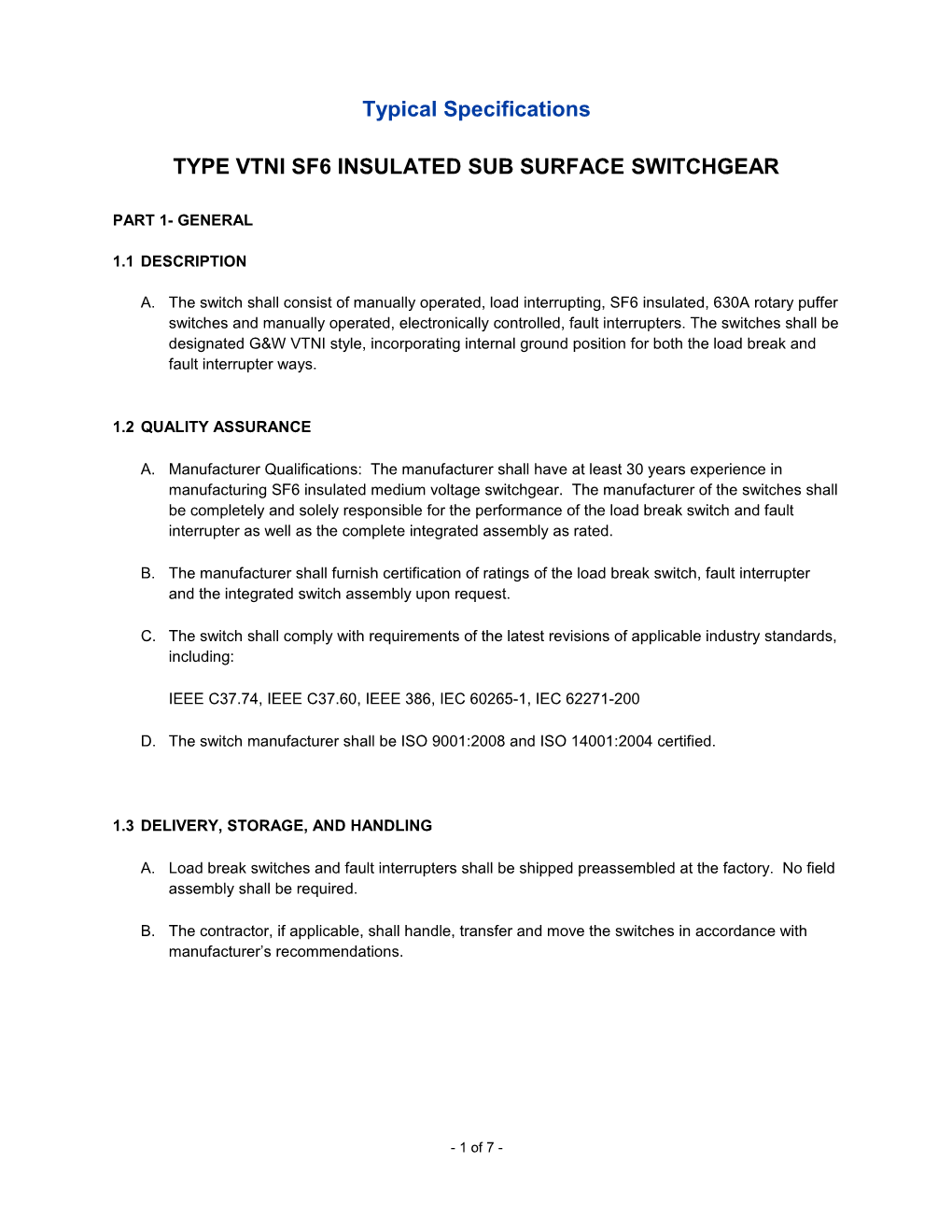 Type Vtni Sf6 Insulated Sub Surface Switchgear