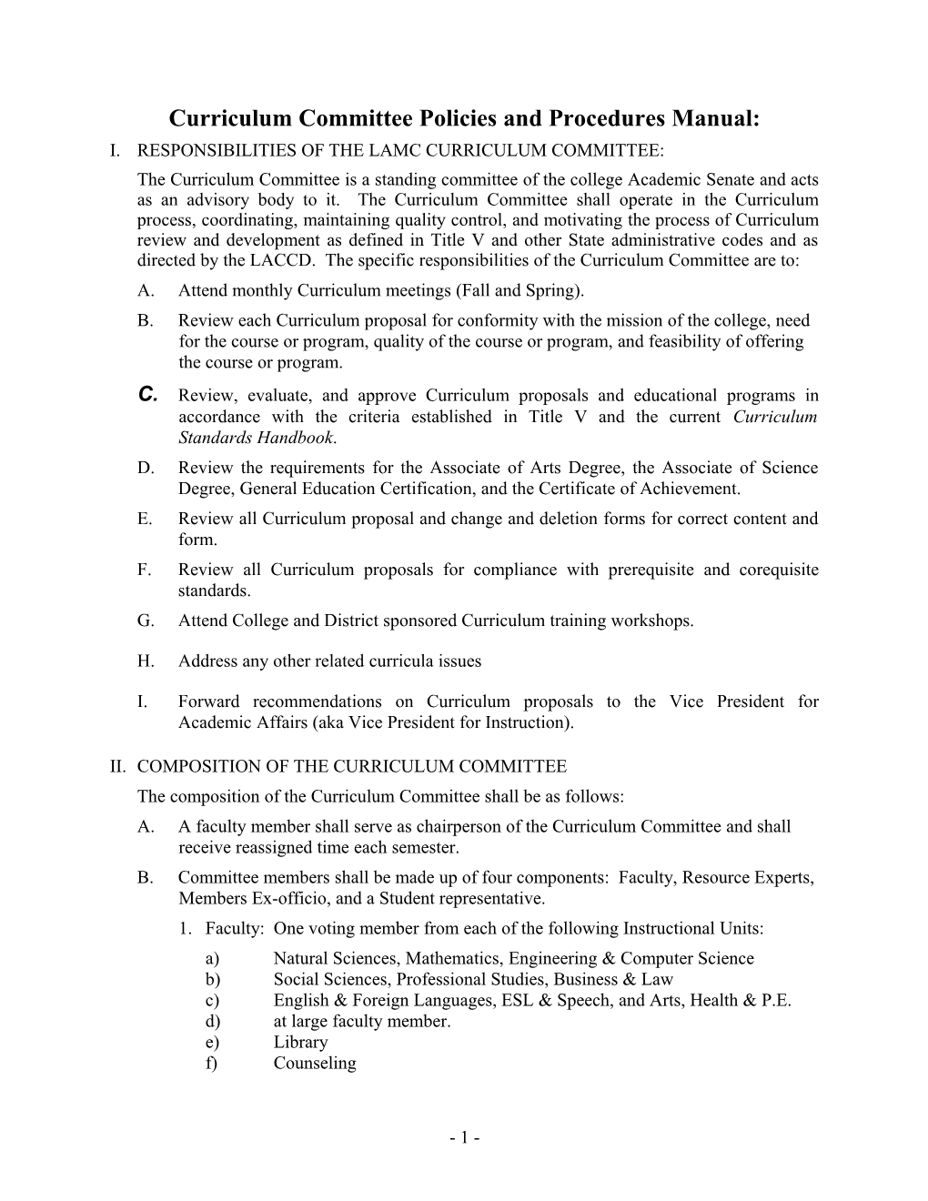 Curriculum Committee Policies and Procedures Manual