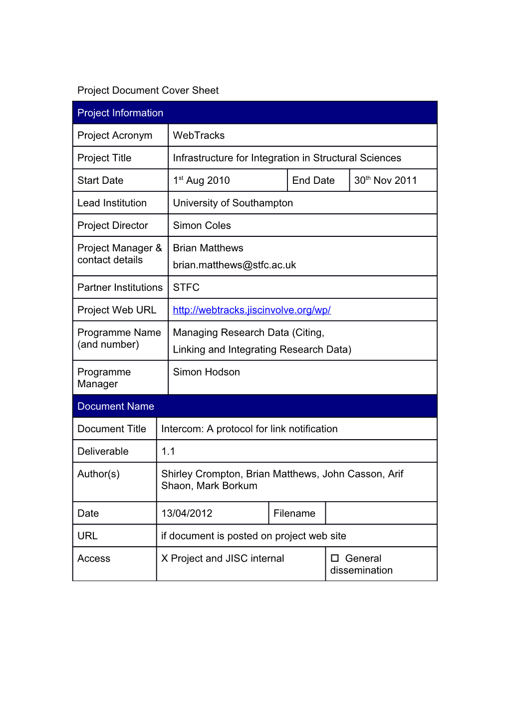 Project Document Cover Sheet