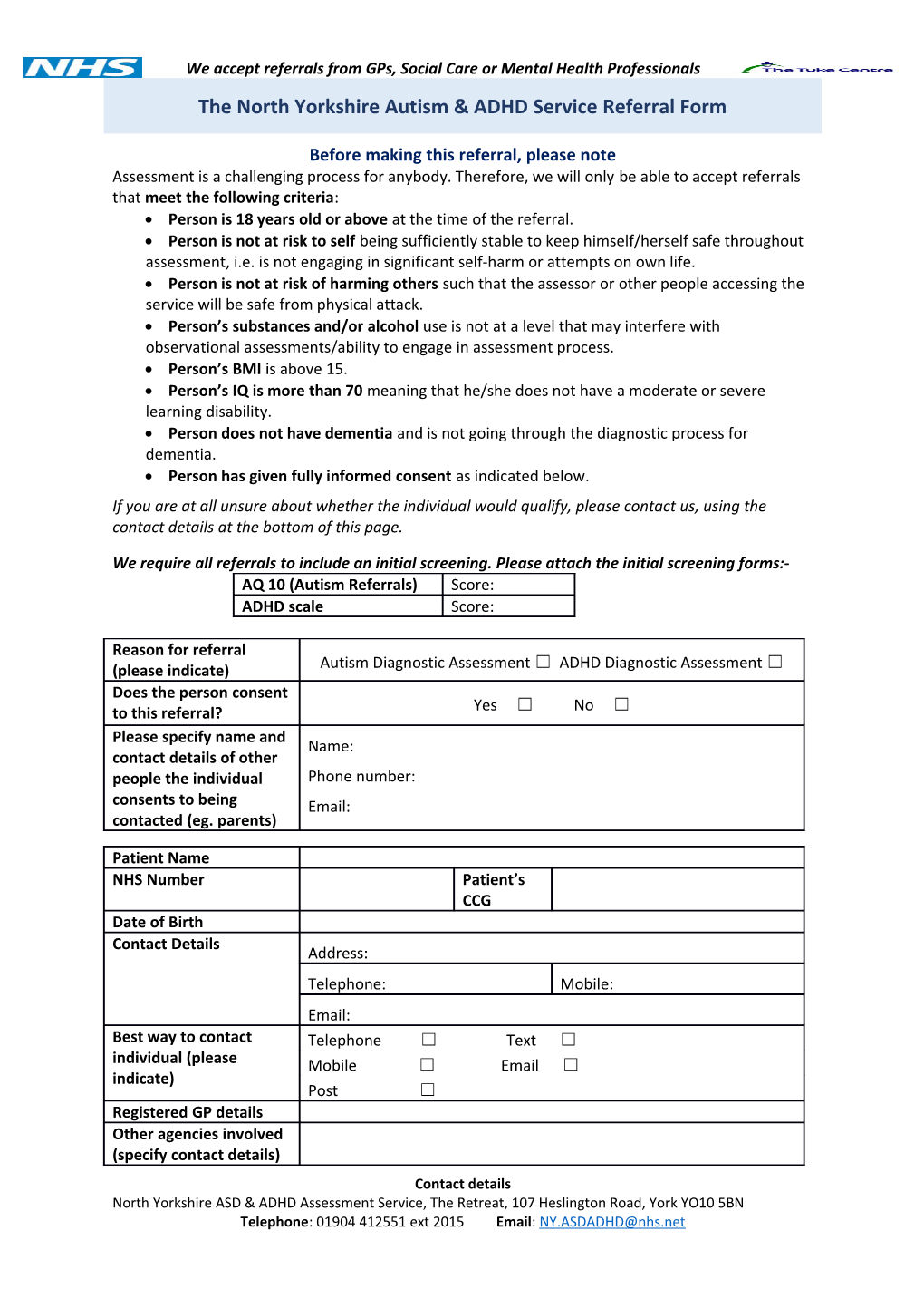 The North Yorkshire Autism & ADHD Service Referral Form