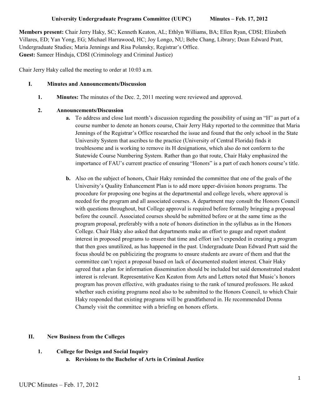 University Undergraduate Programs Committee (UUPC) Minutes Feb. 17, 2012
