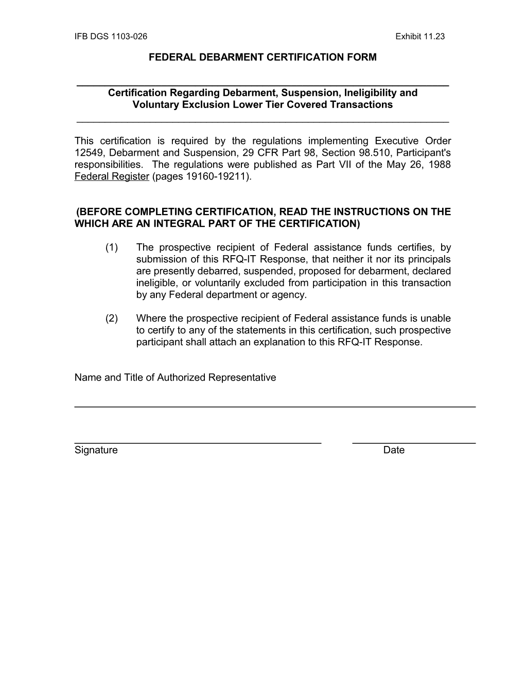 Federal Debarment Certification Form