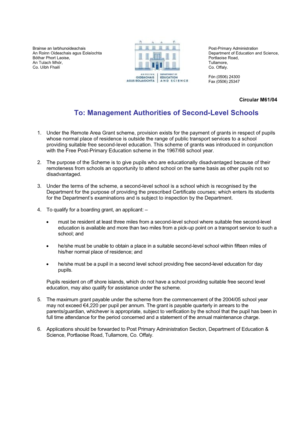 Circular M61/04 - Remote Area Grant - Second-Level Schools (File Format Word 40KB)