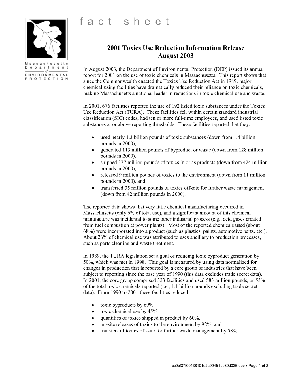 2000 Toxics Use Reduction Information Release