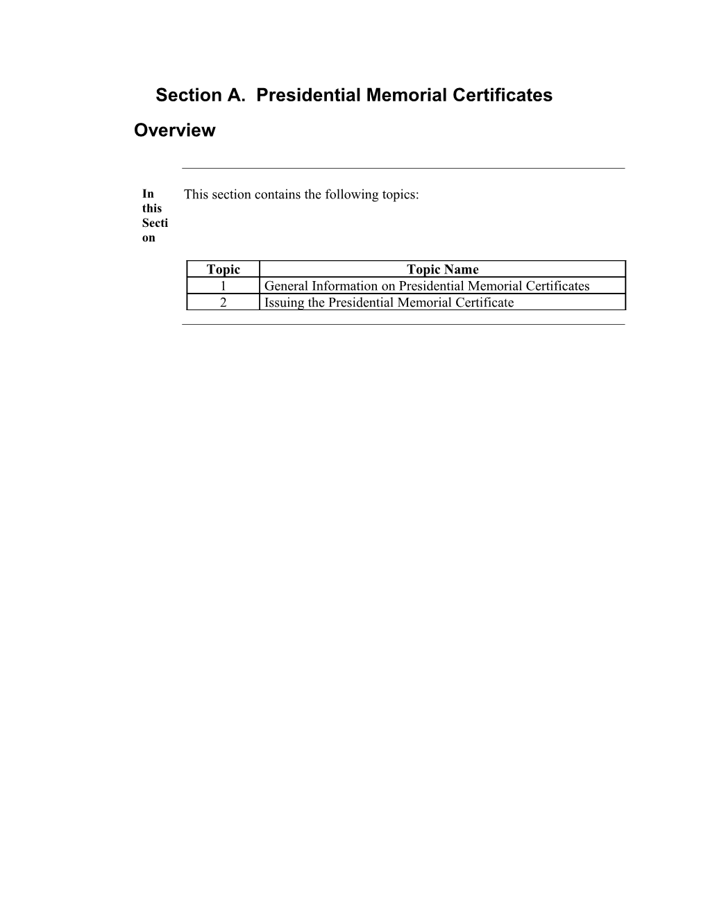 Section A. Presidential Memorial Certificates