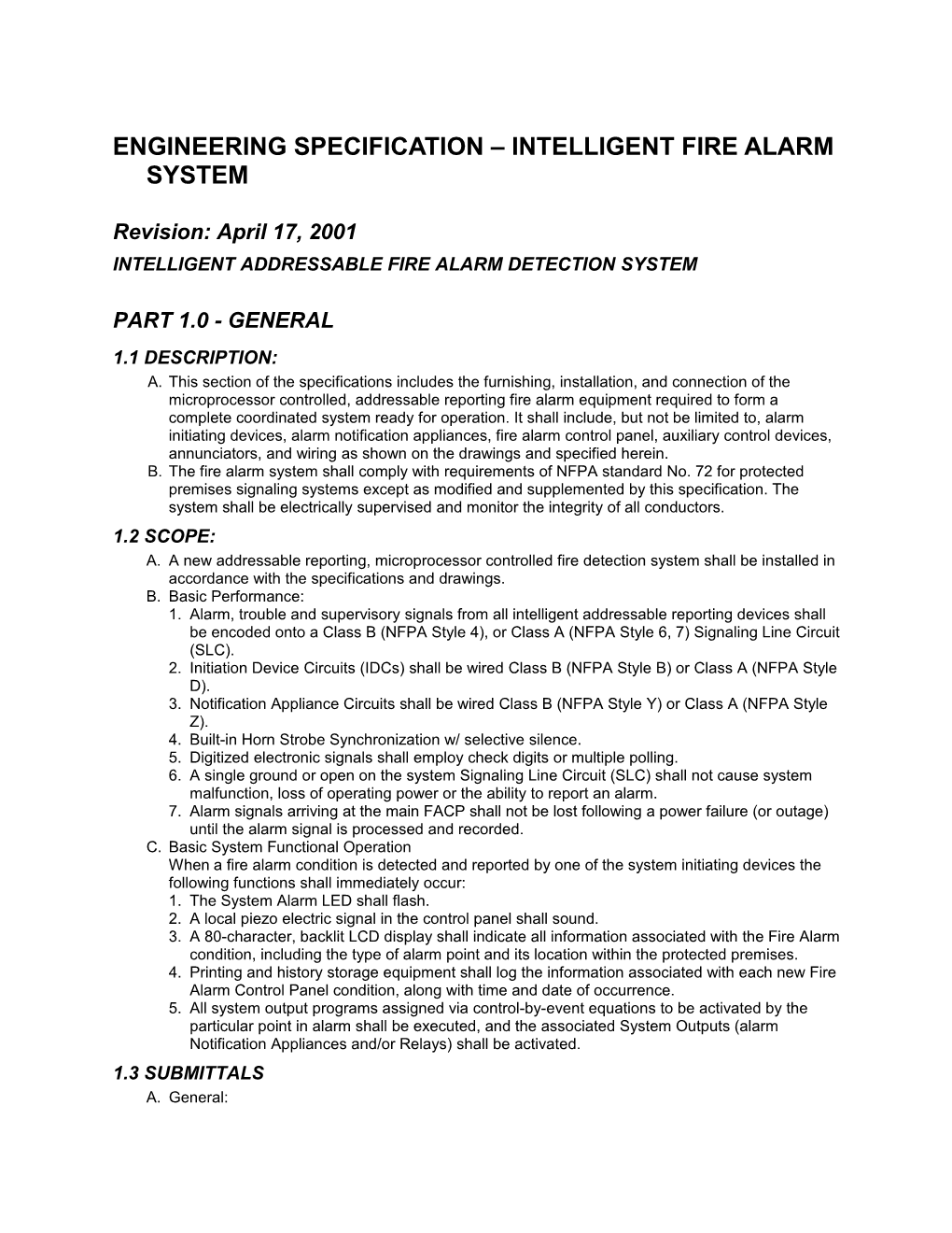 Engineering Specification Addressable Fire Alarm System