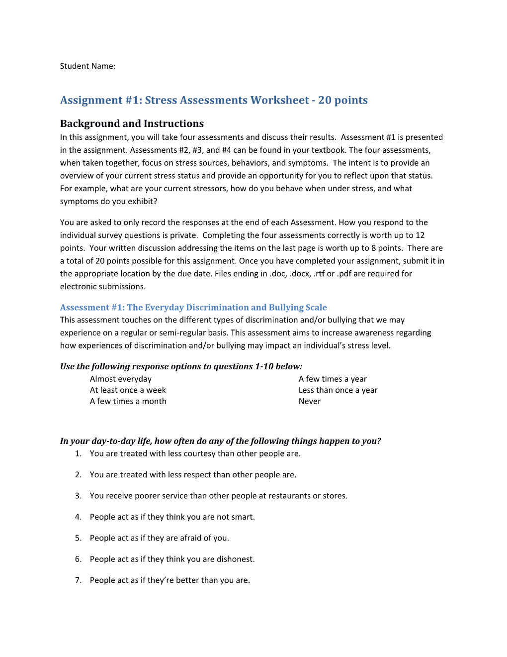 Assignment #1: Stress Assessments Worksheet - 20 Points