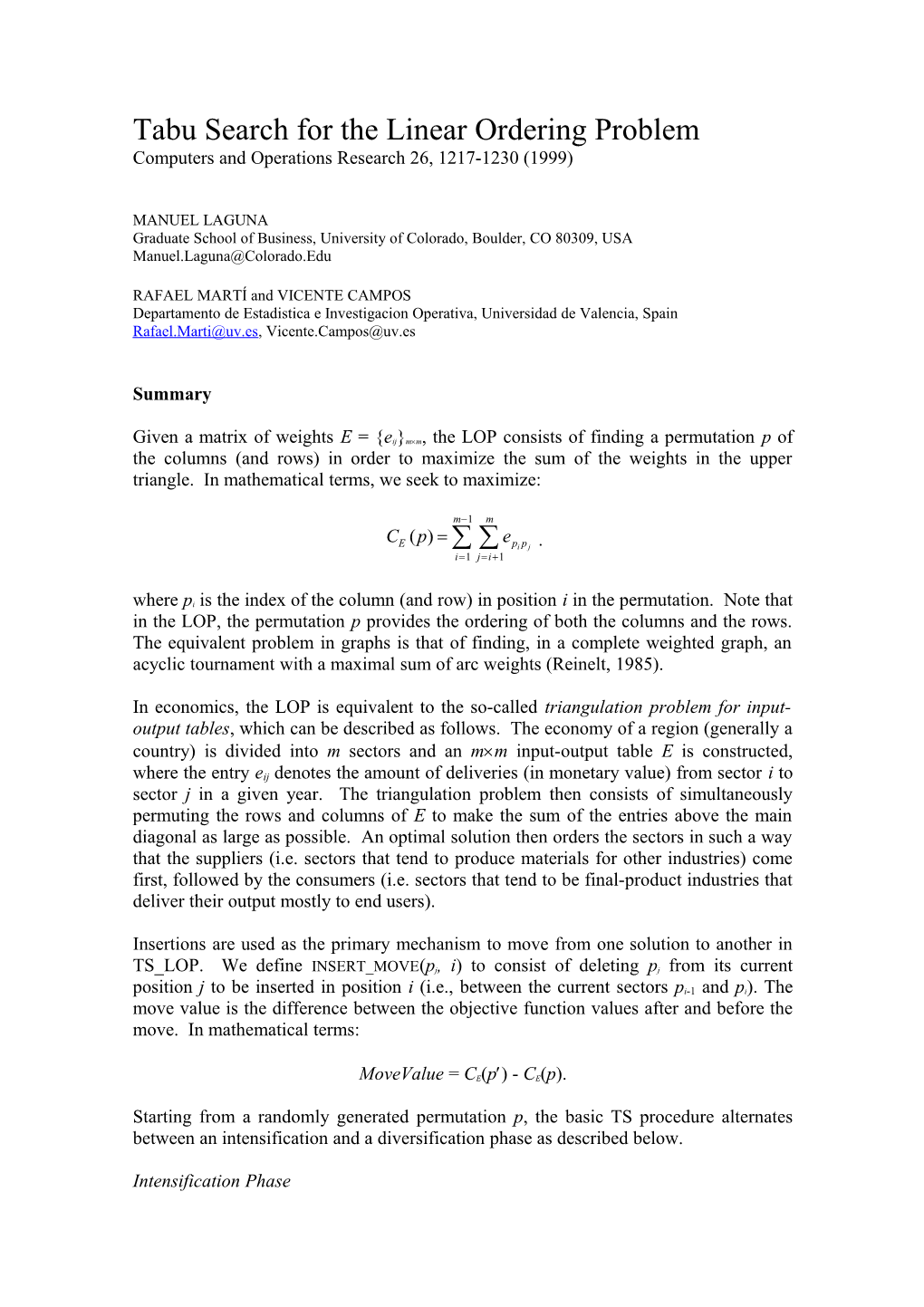 Tabu Search for the Linear Ordering Problem