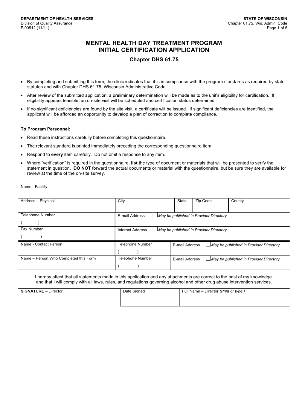 Mental Health Day Treatment Program Initial Certification Application - DHS 61.75, F-00512