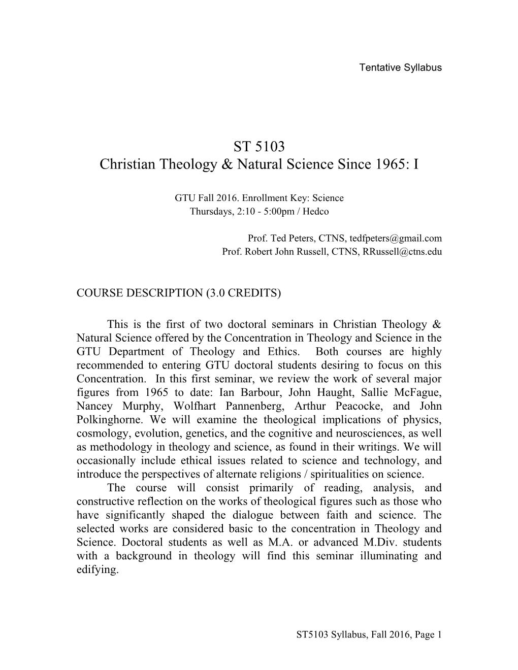 Christian Theology & Natural Science Since 1965: I