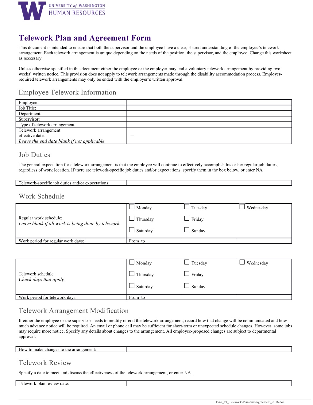 Telework Plan and Agreement Form