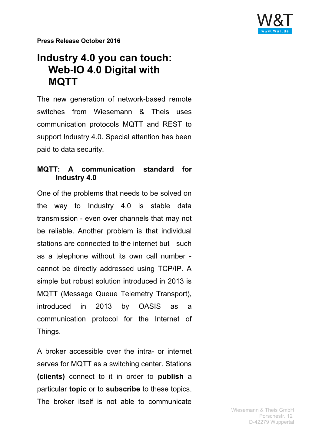 Industry 4.0 You Can Touch:Web-IO 4.0 Digital with MQTT