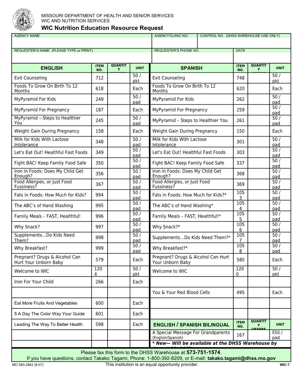 WIC Nutrition Education Resource Request