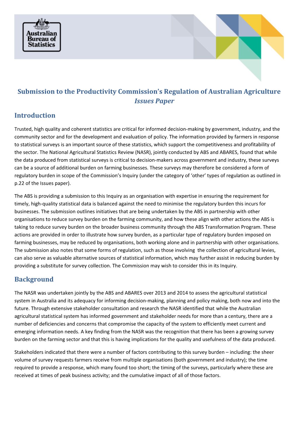 Submission 59 - Australian Bureau of Statistics (ABS) - Regulation of Agriculture - Public