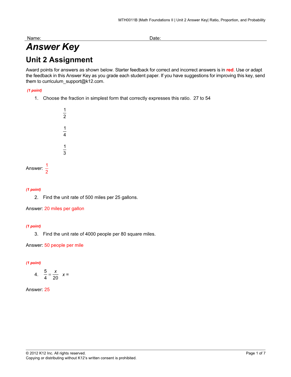 MTH0011B Math Foundations II Unit 2Answer Key Ratio, Proportion, and Probability