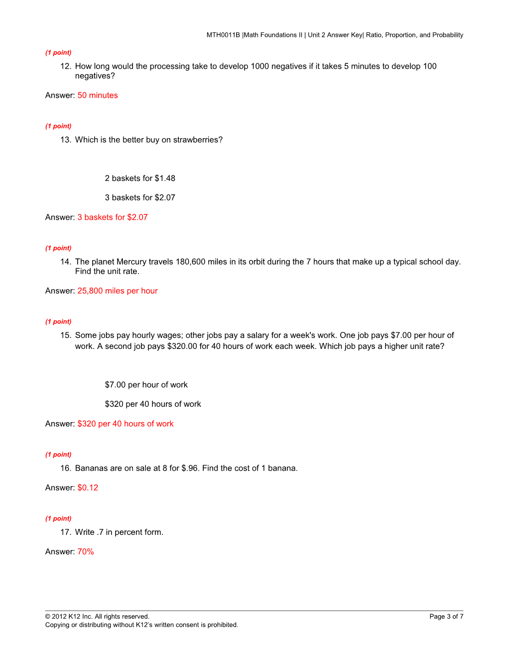 MTH0011B Math Foundations II Unit 2Answer Key Ratio, Proportion, and Probability