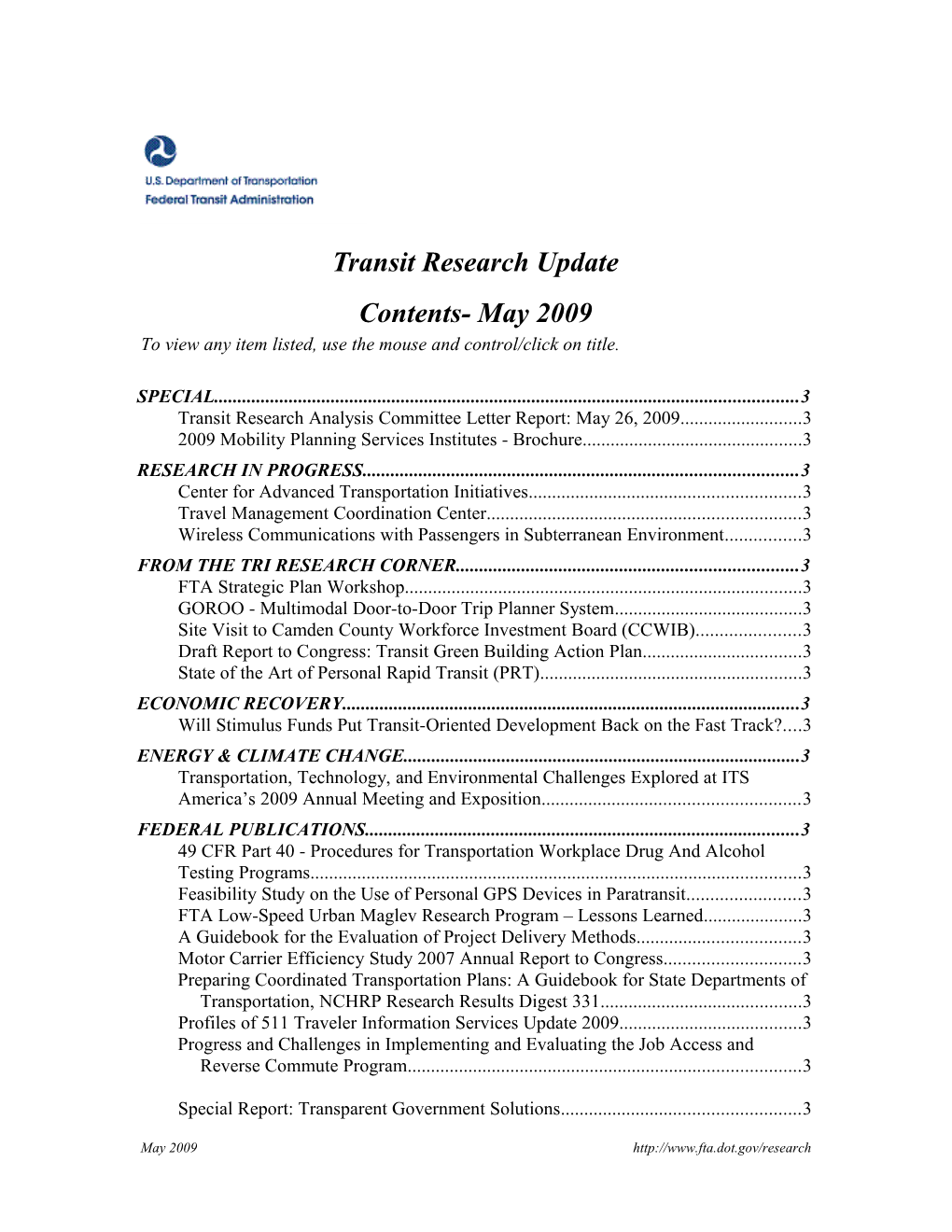 May 2009 Transit Research Update