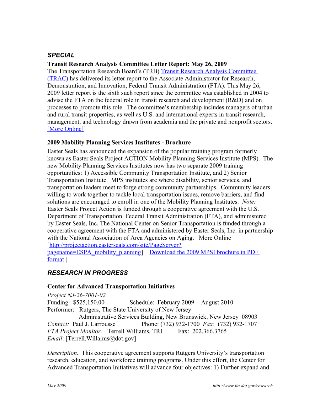 May 2009 Transit Research Update