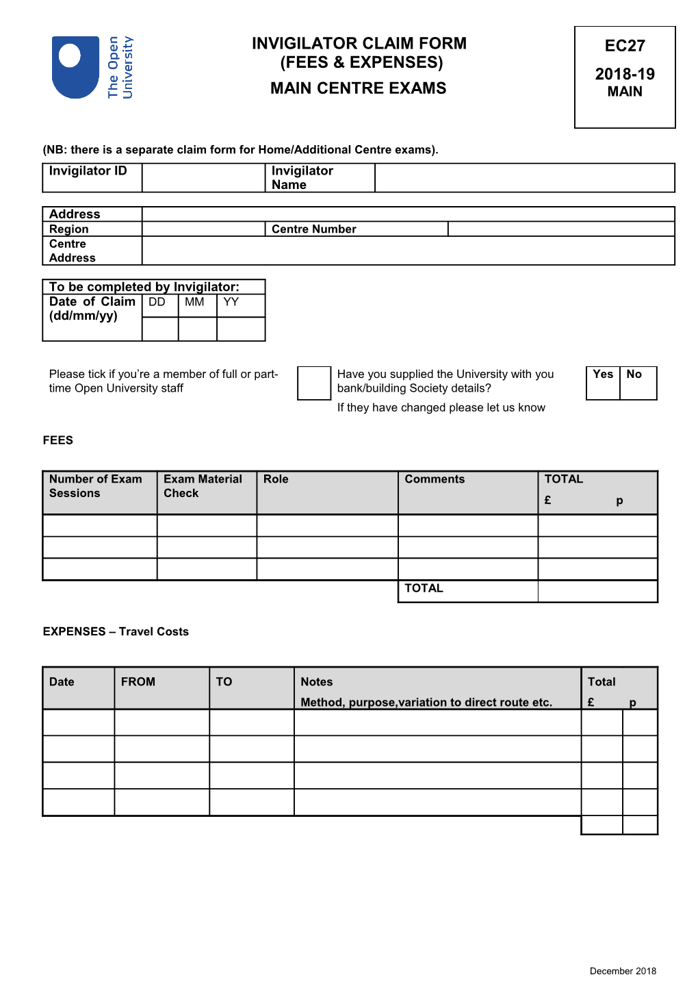 NB: There Is a Separate Claim Form for Home/Additional Centre Exams