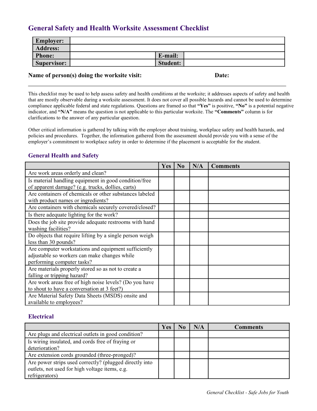 General Worksite Safety and Health Checklist