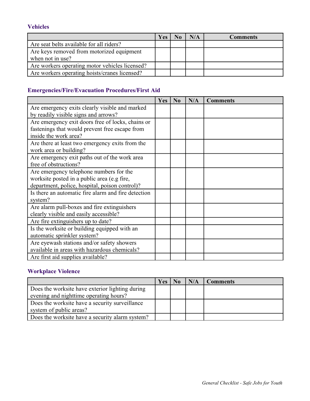 General Worksite Safety and Health Checklist