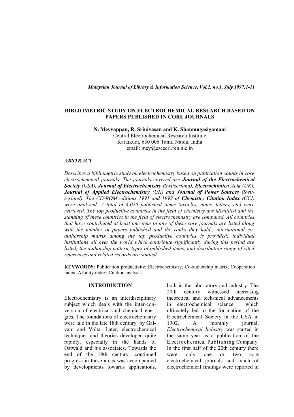 Bibliometric Study on Electrochemical Research Based on Papers Published in Core Journals