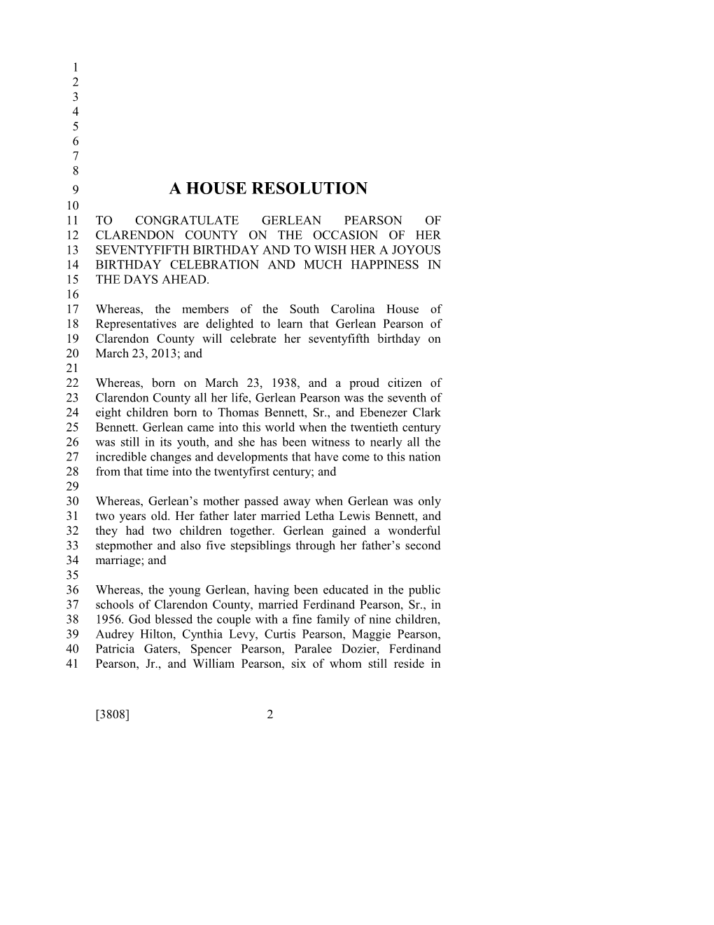 2013-2014 Bill 3808: Gerlean Pearson - South Carolina Legislature Online