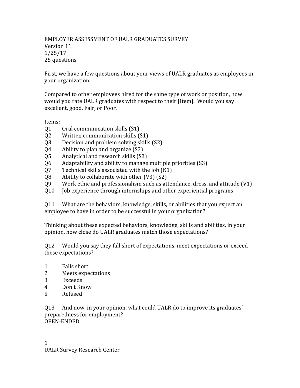 Employer Assessment of Ualr Graduates Survey