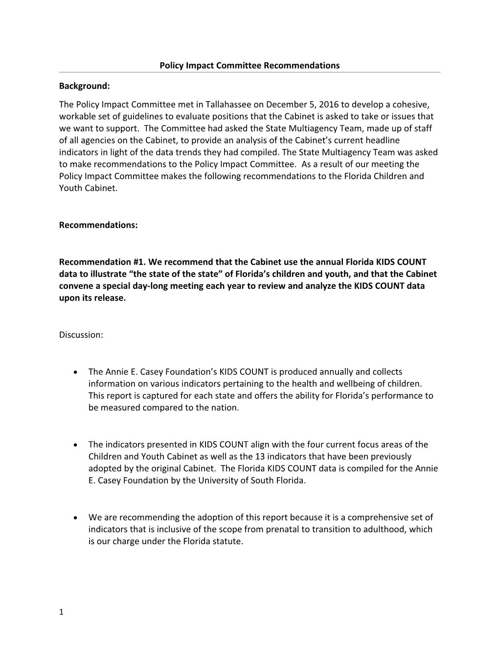 Policy Impact Committee Recommendations