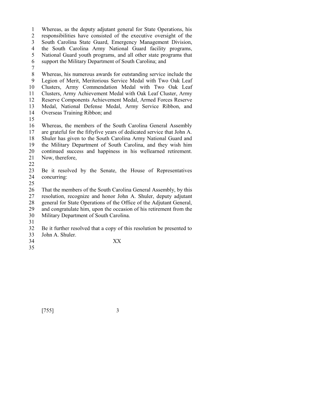 2011-2012 Bill 755: John A. Shuler - South Carolina Legislature Online