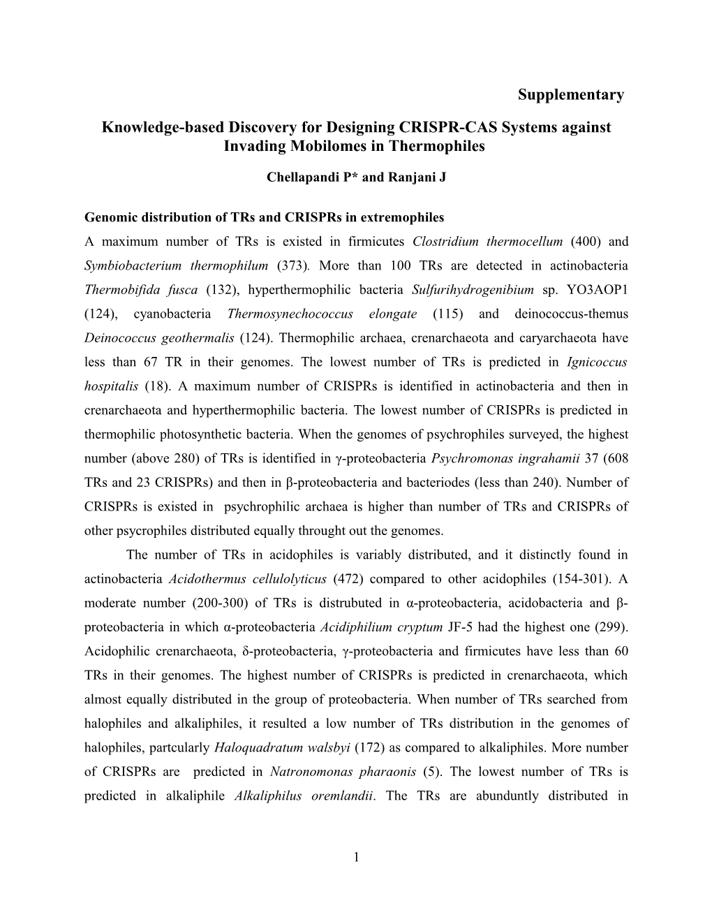 Genomic Distribution of Trs and Crisprs in Extremophiles