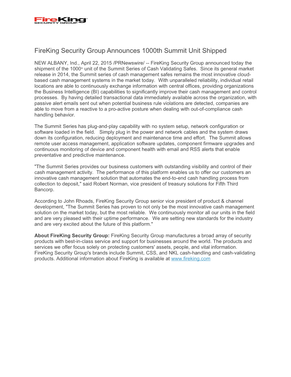 Fireking Security Group Announces 1000Th Summit Unit Shipped