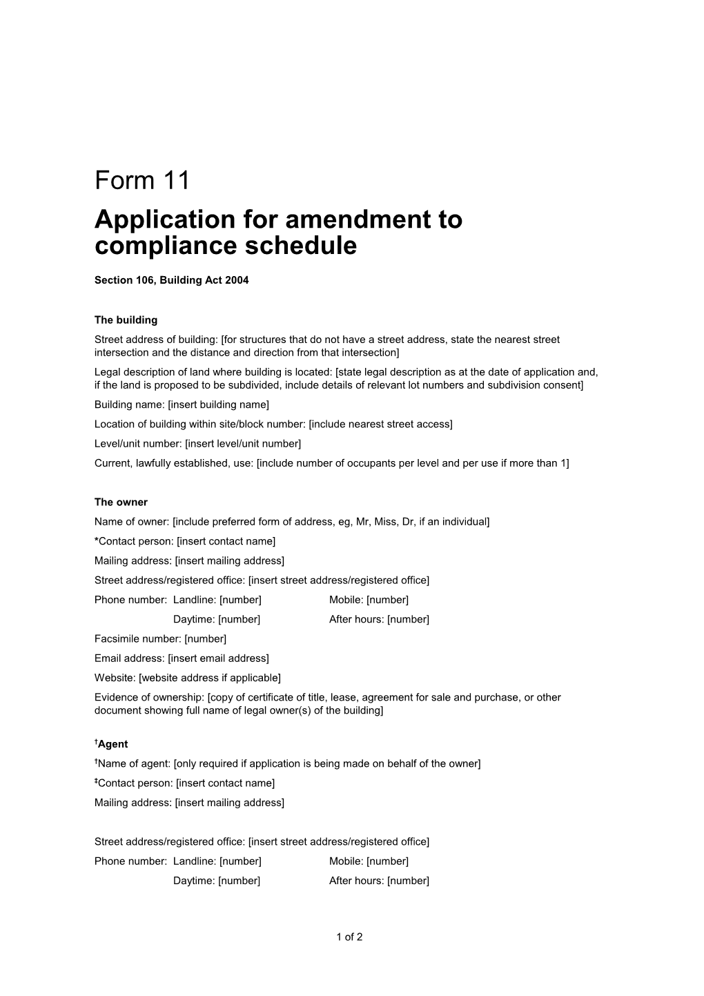 Form 11 - Application for Amendment to Compliance Schedule