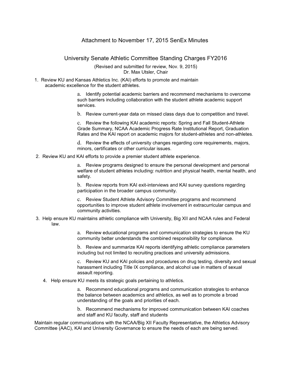 University Senate Athletic Committee Standing Charges FY2016