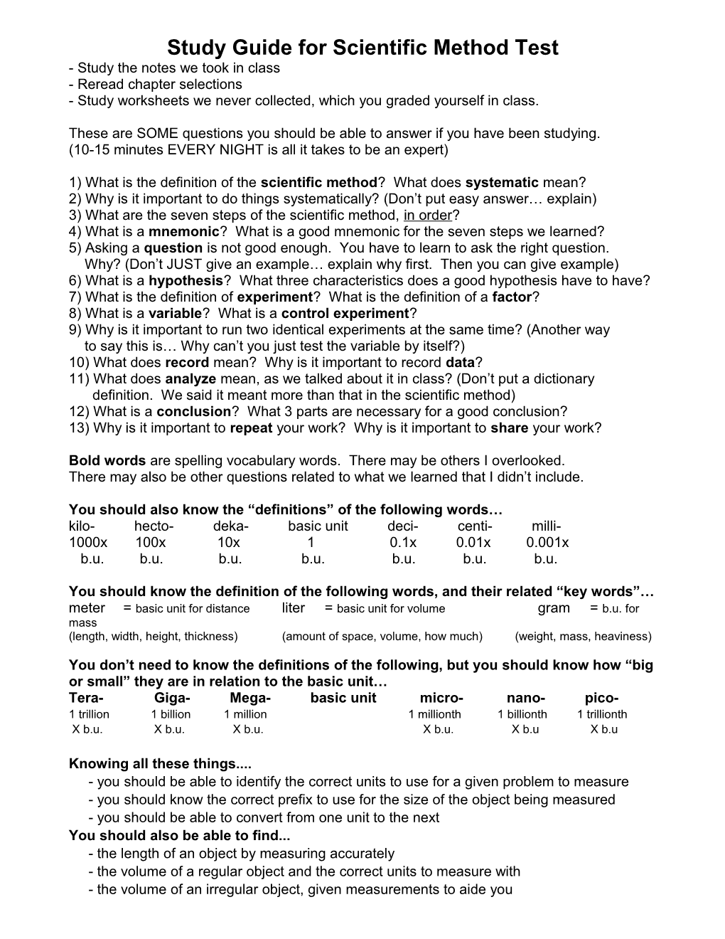 Study Guide for Scientific Method Test