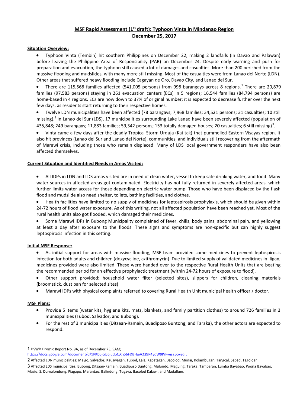 MSF Rapid Assessment (1St Draft): Typhoon Vinta in Mindanao Region