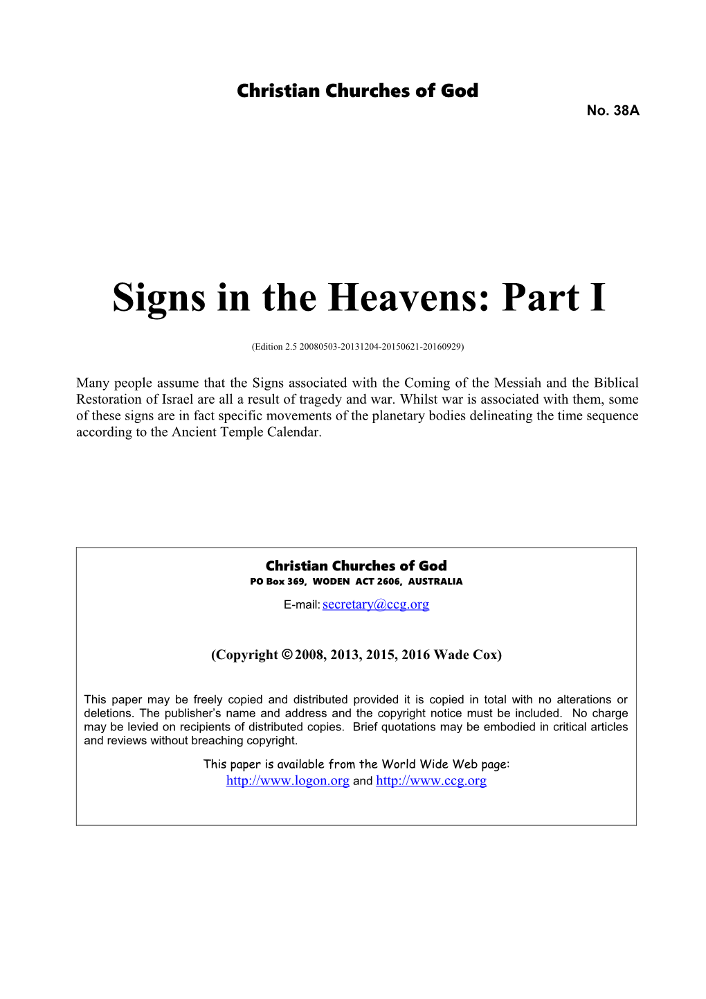 Signs in the Heavens: Part I (No. 38A)