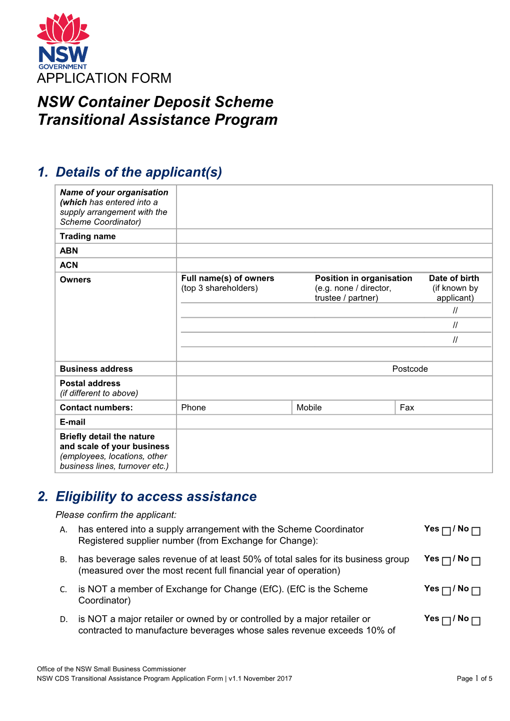 Container Deposit Scheme Transitional Assistance Program Application Form